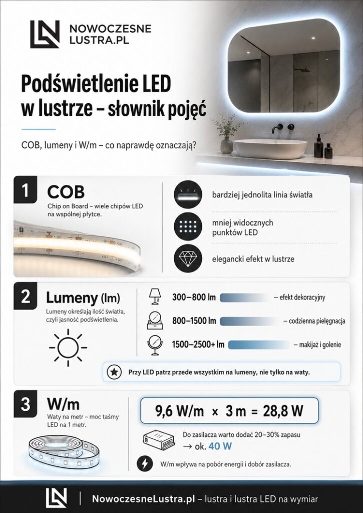 parametry podświetlenia luster LED infografika