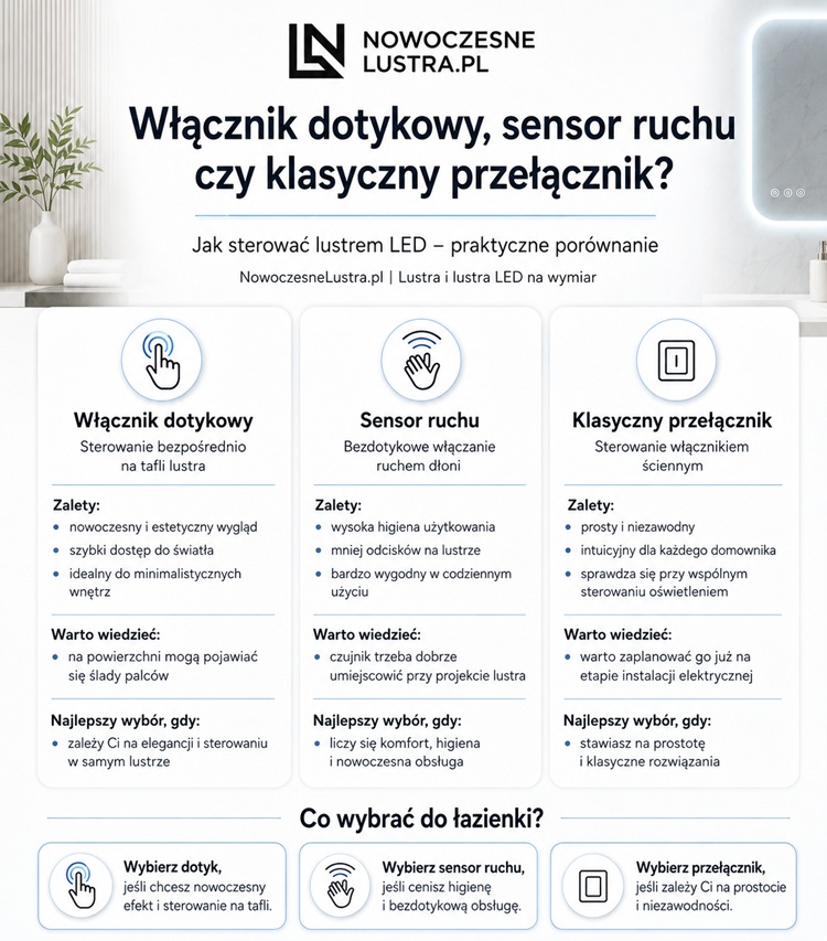 Włącznik dotykowy, sensor ruchu czy klasyczny przełącznik – jak sterować lustrem LED