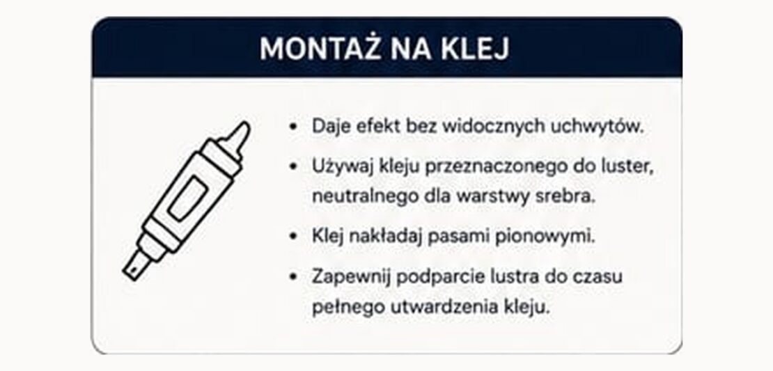 Plansza montaż lustra na klej: efekt bez widocznych uchwytów, klej przeznaczony do luster, nakładanie pionowymi pasami i podparcie lustra do utwardzenia kleju